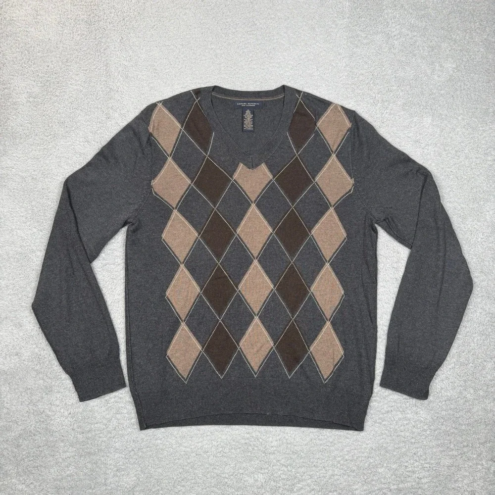 Banana Republic Mens Silk Cashmere‎ Argyle V-Neck Sweater Charcoal Grey Medium